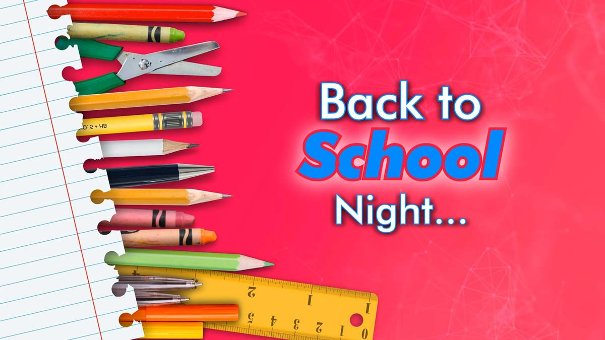 Scott Durrant designed this graphic of paper pencils and rulers with the text back to school night for the education industry