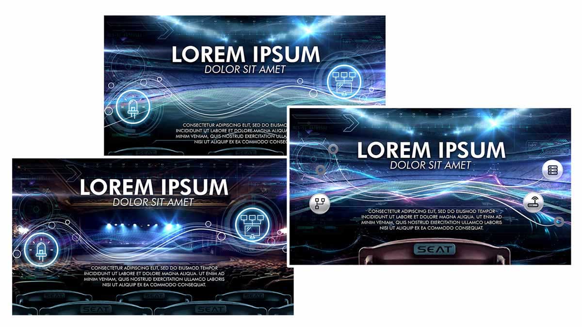 Mood boards developed by Scott Durrant with various overlaying text nd images over an image of a stage